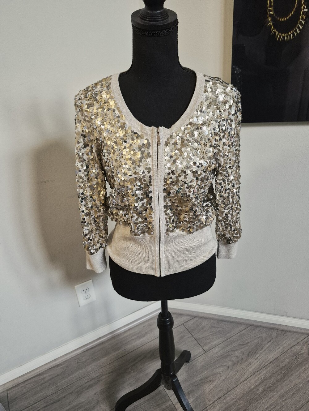 WHITE HOUSE BLACK MARKET Sequined Zip-Front Women's Jacket in Champagne Sz Small